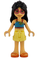 Liann from Friends wears a dark azure top, bright light yellow shorts, and reddish orange sandals - frnd829