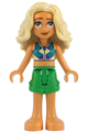 Friends Sage wearing a dark turquoise, yellowish green, and dark purple sleeveless top with bright green shorts and bare feet - frnd830