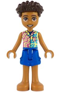 Friends Aron - Aron from Friends with a yellowish green and bright light yellow shirt featuring dark azure flowers and dark pink wavy lines, blue shorts, and bare feet - frnd831