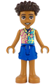 Aron from Friends with a yellowish green and bright light yellow shirt featuring dark azure flowers and dark pink wavy lines, blue shorts, and bare feet - frnd831