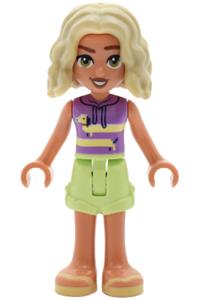 Friends Nova - Nova from Friends wearing a medium lavender sleeveless hoodie with a dachshund design, yellowish green shorts, and bright light yellow sandals - frnd832