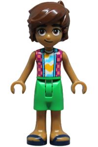 Friends Leo - Friends Leo wearing a coral and magenta checkered sleeveless shirt, bright green shorts, and dark blue sandals - frnd836