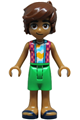 Friends Leo wearing a coral and magenta checkered sleeveless shirt, bright green shorts, and dark blue sandals - frnd836