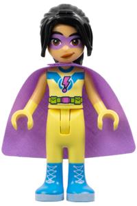 Friends Liann - Liann wearing a bright light yellow superhero costume with a medium lavender cape - frnd837