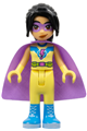 Liann wearing a bright light yellow superhero costume with a medium lavender cape - frnd837