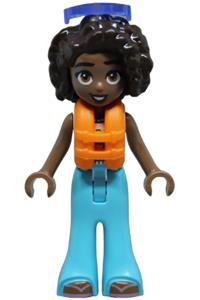 Friends Aliya - Aliya from Friends wearing a white crochet top, medium azure bell-bottom trousers, metallic pink flip flops, orange life jacket, and trans-purple sunglasses - frnd842