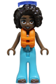 Aliya from Friends wearing a white crochet top, medium azure bell-bottom trousers, metallic pink flip flops, orange life jacket, and trans-purple sunglasses - frnd842