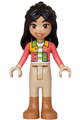 Liann from Friends wearing a coral patchwork jacket, tan trousers, and medium nougat boots - frnd845