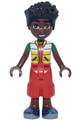 Friends Zac wearing a white and yellow jacket, red cropped trousers, and dark blue shoes - frnd847