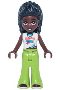 Friends Elsa D - Friends Elsa D wearing a white knotted sleeveless shirt, lime bell-bottom trousers, and dark red shoes - frnd848