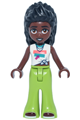 Friends Elsa D wearing a white knotted sleeveless shirt, lime bell-bottom trousers, and dark red shoes - frnd848