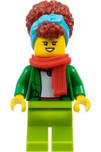 Woman Minifigure - Woman with dark red hair, medium azure head wrap, green jacket, red scarf, and lime legs - fst035