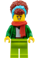 Woman with dark red hair, medium azure head wrap, green jacket, red scarf, and lime legs - fst035