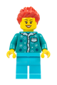 Woman with red spiked hair wearing a dark turquoise snowflake blouse and medium azure legs - fst036