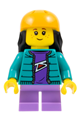 Girl child with black long hair wearing a bright light orange sports helmet, dark turquoise jacket over dark purple shirt, and medium lavender short legs - fst037