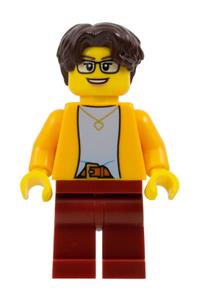 Woman Minifigure - Woman with dark brown short wavy hair and glasses, wearing a bright light orange jacket over a light bluish gray shirt and dark red legs - fst041