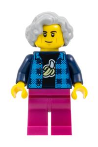 Man with Banana T-Shirt Minifigure - Man wearing a dark azure and dark blue flannel shirt over a black banana T-shirt, magenta legs, and light bluish gray wavy hair - fst043