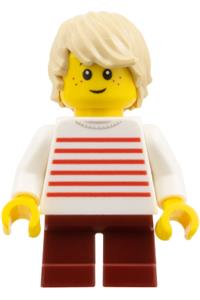FIRST LEGO League Boy Minifigure - Boy with tan hair wearing a red stripes shirt and dark red legs - fst053