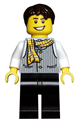 Minifigure with striped vest, yellow striped scarf, black legs, and dark brown tousled hair - fus001