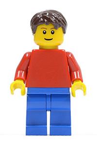 Plain Red Torso Minifigure - Minifigure with plain red torso and arms, blue legs, and dark brown short tousled hair - game008