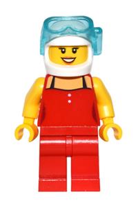 Diver Minifigure - Female minifigure in a red top with white buttons and black straps, red legs, white helmet, wearing a scuba mask with peach lips and an open mouth smile - game010