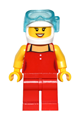 Red Female Top with 2 White Buttons and Black Straps, Red Legs, White Helmet, Scuba Mask, Peach Lips, Open Mouth Smile - game010