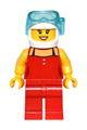 Female minifigure in a red top with white buttons and black straps, red legs, white helmet, wearing a scuba mask with peach lips and an open mouth smile - game010