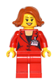 Female press woman with short swept sideways dark orange hair, red legs, and a peach lips open mouth smile - game011