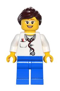 Doctor Minifigure - Doctor with a lab coat, stethoscope, and thermometer, blue legs, dark brown ponytail with swept sideways fringe, wearing glasses and smiling - game012