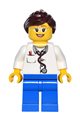 Doctor with a lab coat, stethoscope, and thermometer, blue legs, dark brown ponytail with swept sideways fringe, wearing glasses and smiling - game012