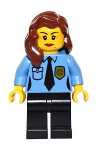 Police Officer Minifigure - Female police officer with reddish brown mid-length hair, black legs, crow's feet, and beauty mark - game013