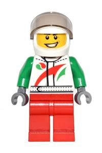 Octan Racer Minifigure - Minifigure with Octan logo jacket, red and green stripe, red legs, white helmet, trans-black visor, and crooked smile - game014