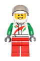 Minifigure with Octan logo jacket, red and green stripe, red legs, white helmet, trans-black visor, and crooked smile - game014