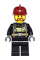 Minifigure with dark red fire helmet, brown rounded beard, black legs, and reflective stripes with utility belt - game015