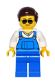 Minifigure with blue overalls, V-neck shirt, blue legs, dark brown hair, black/silver sunglasses, and black eyebrows - game016