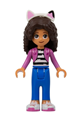 Gabby wears a dark pink jacket over a black and white striped shirt, paired with blue trousers - gdh001