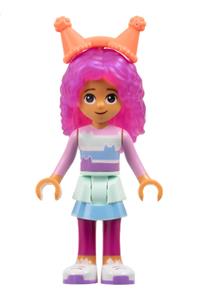 Gabby - Gabby with a striped shirt, layered skirt over magenta leggings, satin trans-dark pink hair, and coral party hats - gdh008