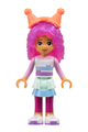 Gabby with a striped shirt, layered skirt over magenta leggings, satin trans-dark pink hair, and coral party hats - gdh008