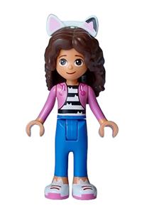 Gabby - Gabby wearing a dark pink jacket over a black and white striped shirt, blue trousers, and dark brown hair with internal supports - gdh010