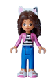 Gabby wearing a dark pink jacket over a black and white striped shirt, blue trousers, and dark brown hair with internal supports - gdh010