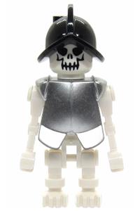 Skeleton Minifigure - Skeleton, fantasy era torso with evil skull, black conquistador helmet, metallic silver armor - gen021a