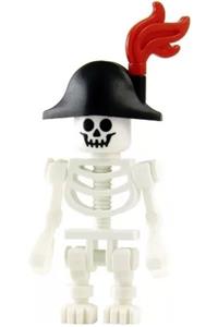 Skeleton Minifigure - Skeleton with Fantasy Era torso and standard skull, mechanical arms, black bicorne hat with red plume - gen037