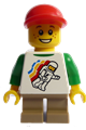 Classic Space minifigure with floating pattern, short dark tan legs, wearing a red short bill cap with seams - gen059