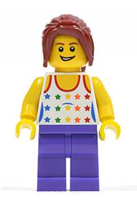 Female Minifigure - Minifigure wearing a shirt with a female rainbow stars pattern, dark purple legs, and long dark red hair in a ponytail with side bangs - gen060