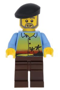 Male Minifigure - Sunset and Palm Trees - Dark Brown Legs, Black Beret - gen063