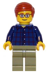 Male in Plaid Button Shirt - Minifigure with plaid button shirt, olive green legs, and dark orange smooth hair - gen064