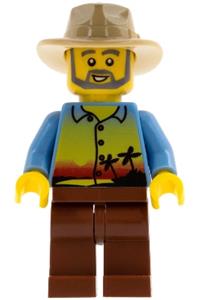 Male Minifigure - Minifigure with reddish brown legs and tan fedora featuring a sunset and palm trees design - gen080