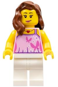 Woman Minifigure - Woman minifigure wearing bright pink top with butterflies and flowers, paired with white legs - gen082