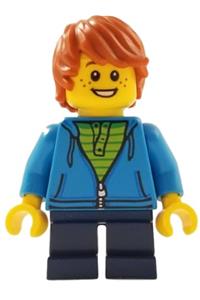 Boy Minifigure - Boy with dark orange hair, freckles, wearing a dark azure hoodie with a green striped shirt and dark blue short legs - gen108