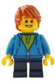 Boy with dark orange hair, freckles, wearing a dark azure hoodie with a green striped shirt and dark blue short legs - gen108